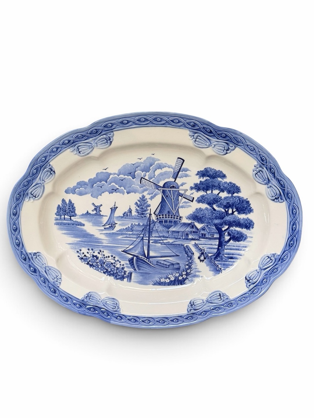 Japanese Blue & White Large Oval Serving Platter Delft Style Dutch Windmill